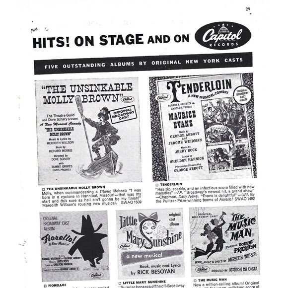 Music Man Molly Brown Original Broadway Cast Album Print Ad 1960s - Picture 2 of 2